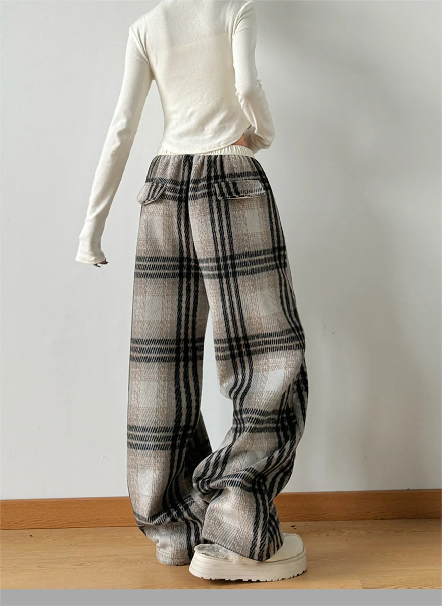 Fashion Warm Plush Pants Cashmere Thick Plaid Ladies Winter Casual Loose Wide-legged Pants Korean Streetwear Students Lazy Pants