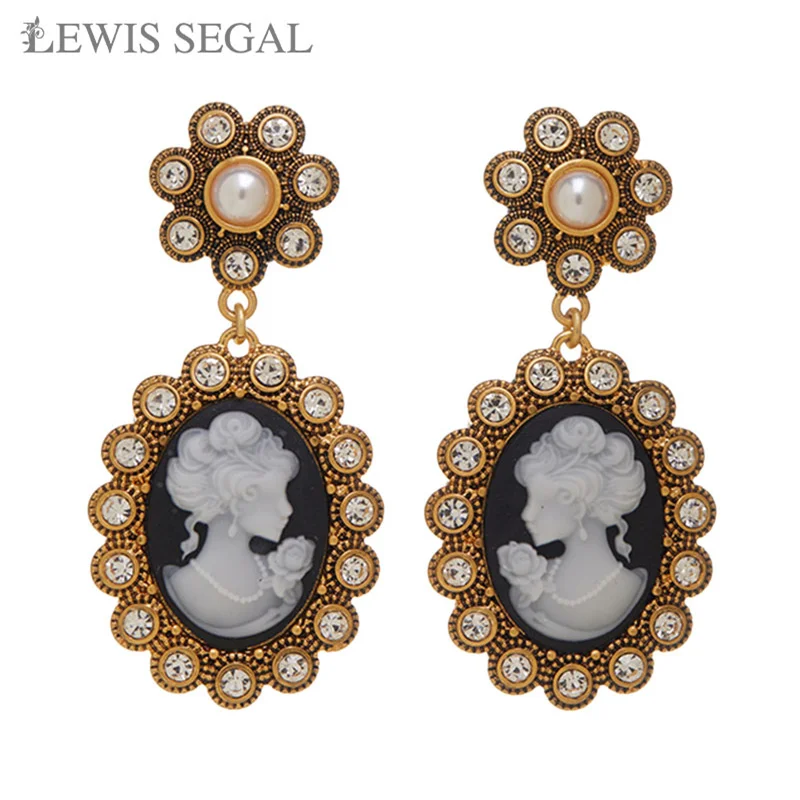 

LEWIS SEGAL Silver 925 Earrings Pin Portrait Relief Pearl Eardrops Multi-Gem Surround For Women Vintage Palace Piercing Jewelry