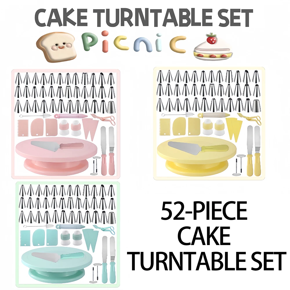 52Pcs Cake Decorating Tools Kit Pastry Turntable Kit Piping Nozzle Piping Bag Set Rotating Stand Baking Tools Accessories Bak