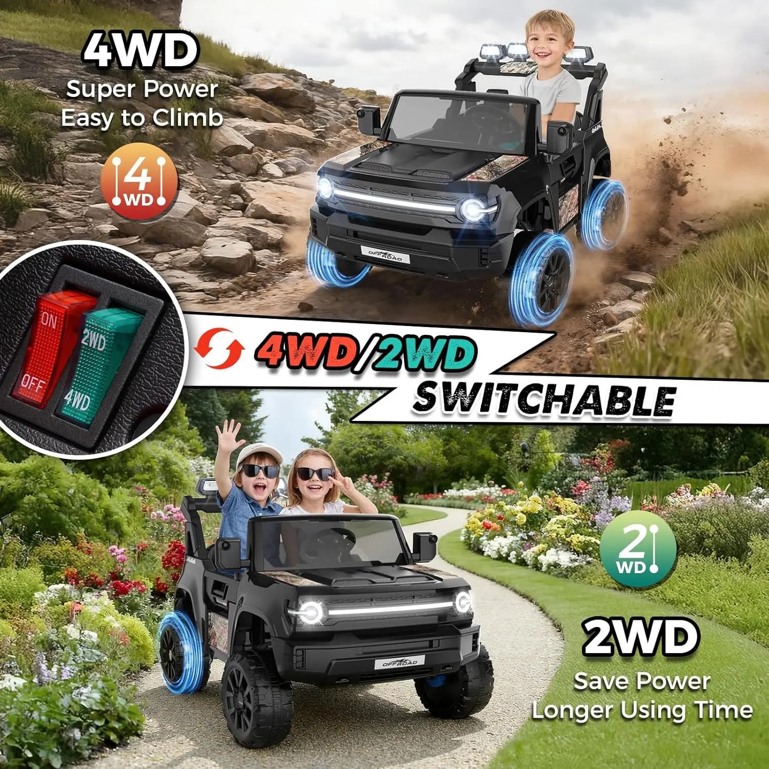 24V elektrische auto voor kinderen 2-zits rit op vrachtwagen met 4x4 krachtige wielen, afstandsbediening, 21" ruime en 4WD/2WD schakelbaar