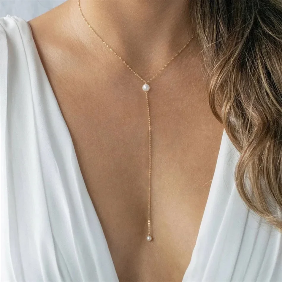 316l Edelstahl Mode Gold Farb kette Schmuck Halskette für Frauen Nachahmung Perlen Perlen Anhänger
