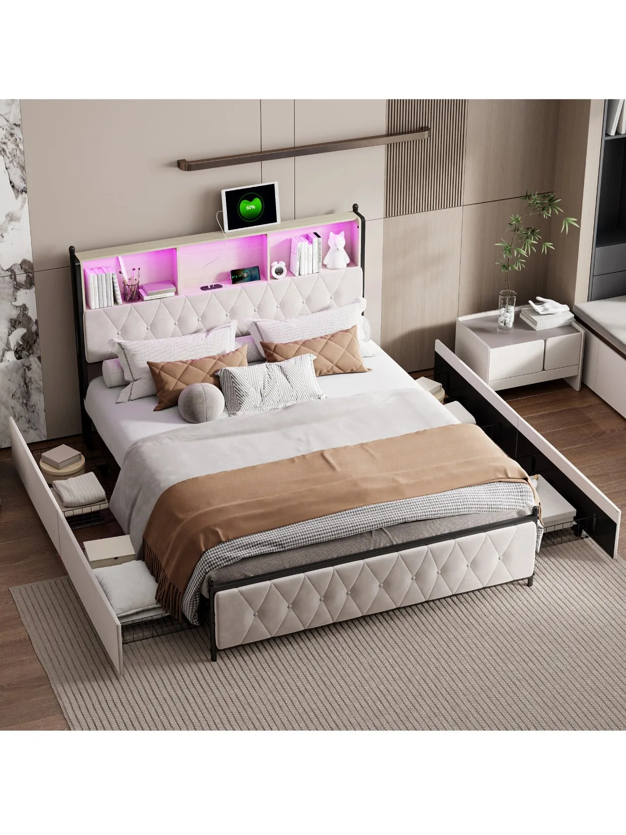 Superaly, 140 × 200 cm, Bett mit Schubladen, Bettgestell mit großem Stauraum, gepolstertes Bett mit 4 Metallschubladen, Doppelbett, Schlafzimmerbett, Jugendbett, Kopfteil mit Staufächern, Beige, Samt.
