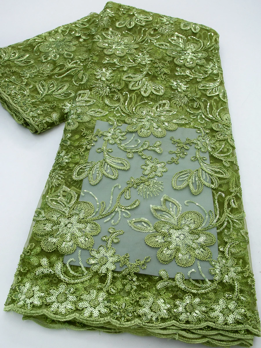 Afrikanischer Stil Hellgrüner Mesh-Spitzenstoff, Französische Blumen-Netzspitze mit Pailletten für Brautkleider & Partykleider zum Nähen