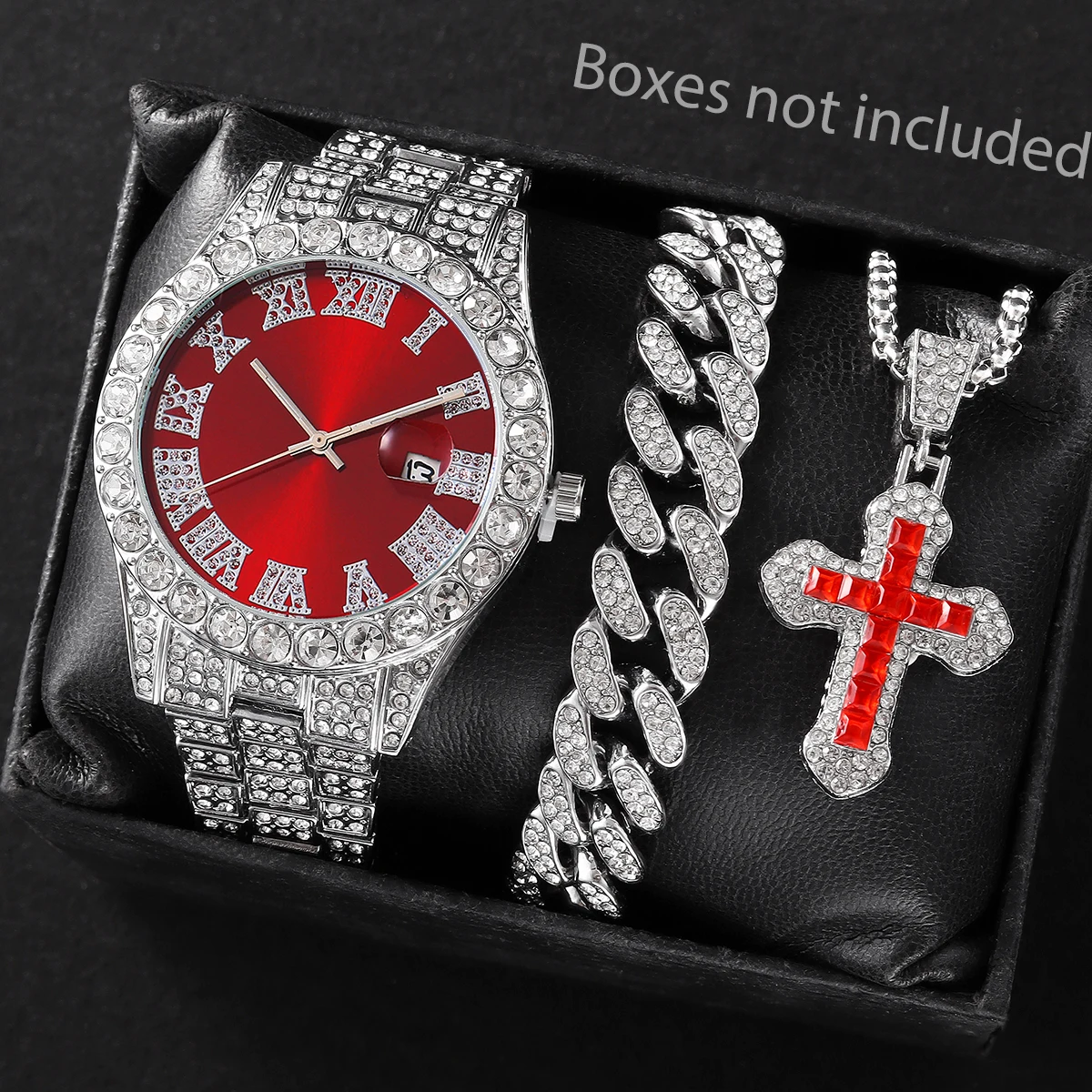 3-Piece Set, Men's Fashionable Luxury Quartz Watch with Cuban Bracelet, Cross Pendant Necklace Set, Red Dial, Calendar Display, Trendy Fashion, Men's Accessories.