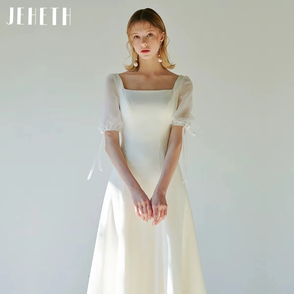 

JEHETH A-line Satin Wedding Dress V-Neck Sheer Back Short-Sleeve Plus Size For Women Princess Robe de Mariee Customed