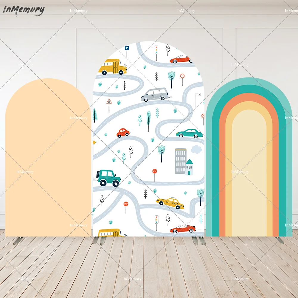 2-Sided Arch Backdrop Covers Cartoon Car Theme Birthday Arch Background Stand Cover for Kids Boys Baby Shower Party Decorations