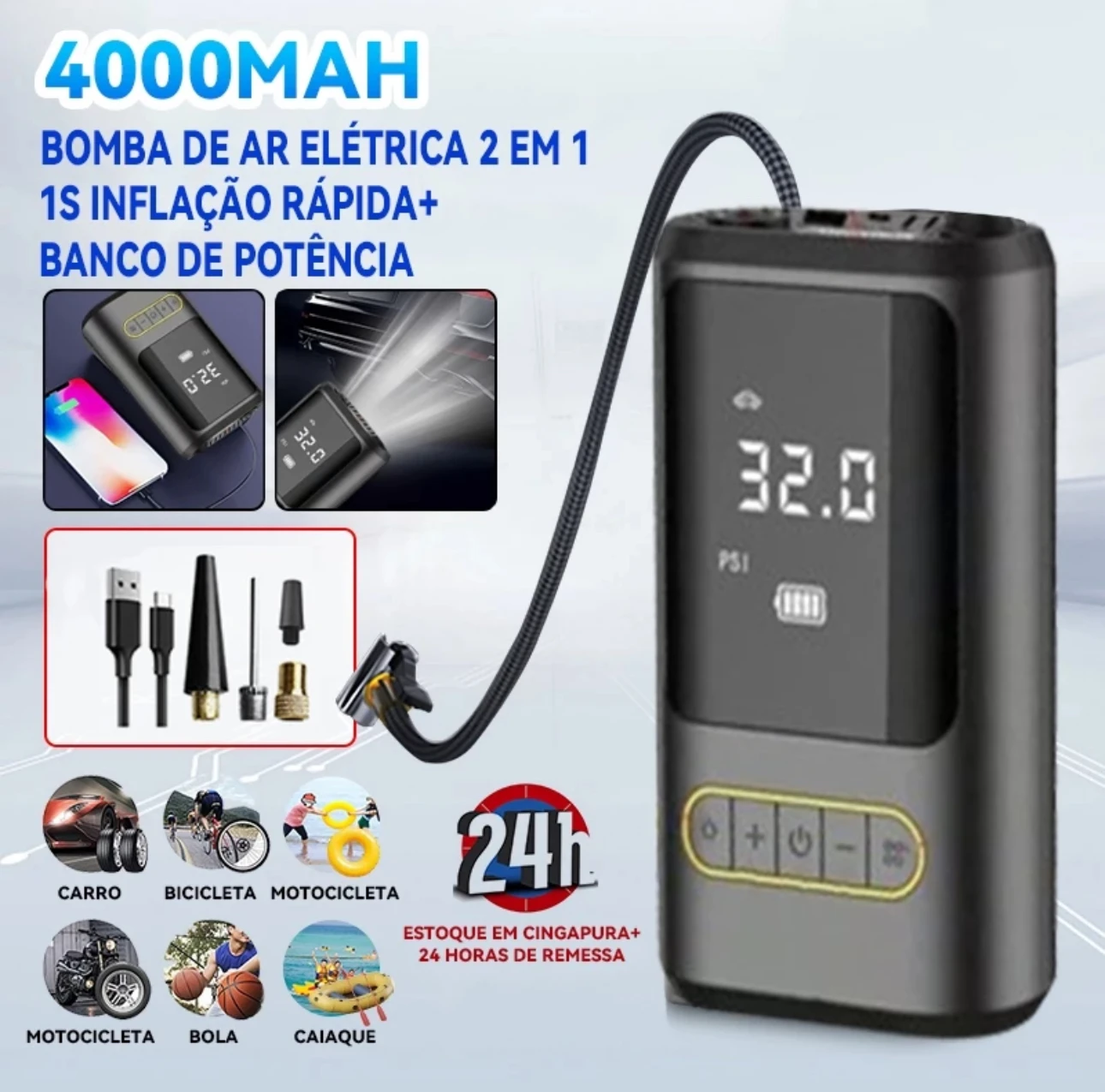 Portable and Rechargeable Mini Air Compressor-Car Tire, Bicycle, Balls, Buoys and More-Fill and Calibrate