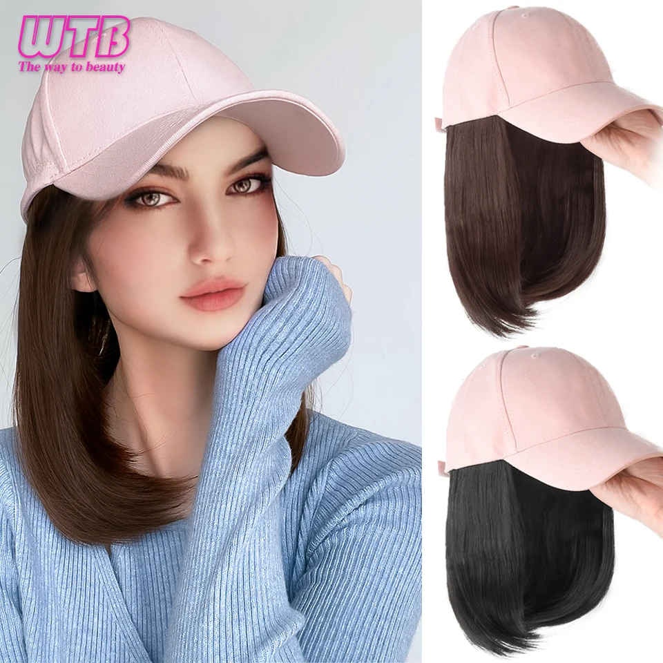 WTB Synthetic Natural Wigs Hat Seamless Connection Hair Extension for Women Wigs Short Bob Baseball Cap Wig Adjustable Black