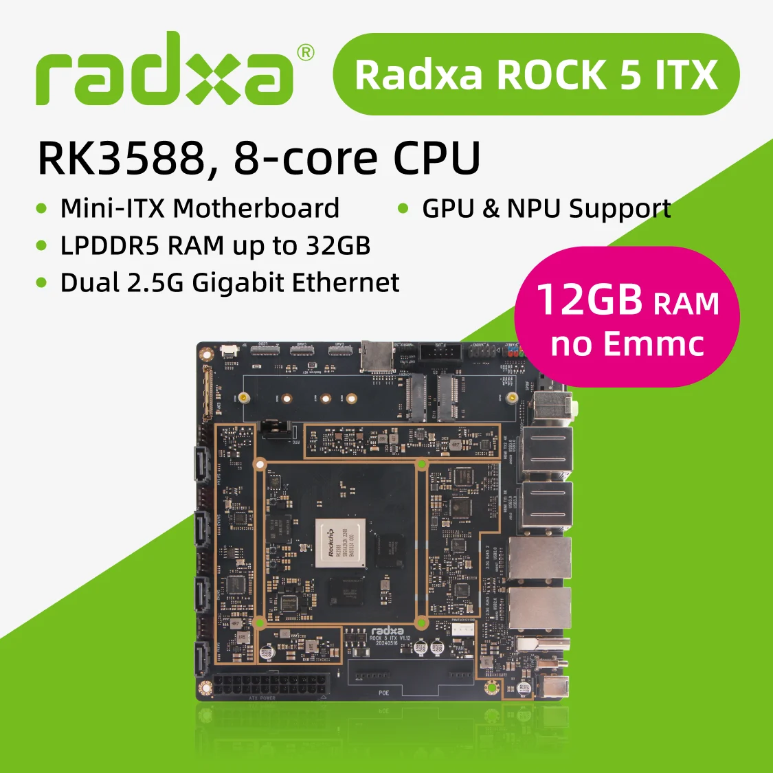 Radxa ROCK 5 ITX, RK3588 8-core CPU, Mini-ITX moederbord, LPDDR5 RAM, 8K HDMI, Single Board Computer