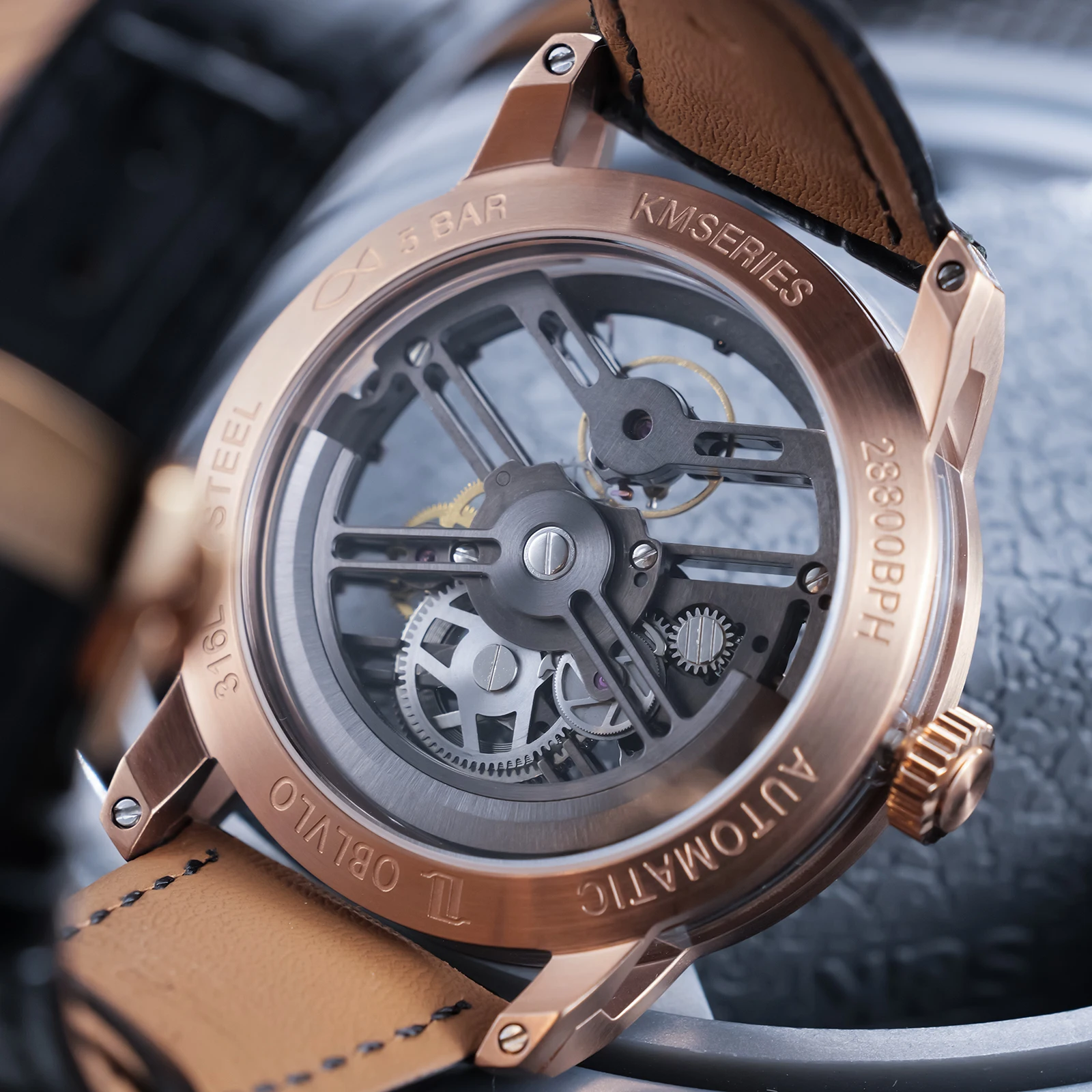 OBLVLO Men Watches Rose Gold Case Hollow-out Automatic Watch Luminous Waterproof Blue Leather Strap Mechanical Wristwatch KM-S