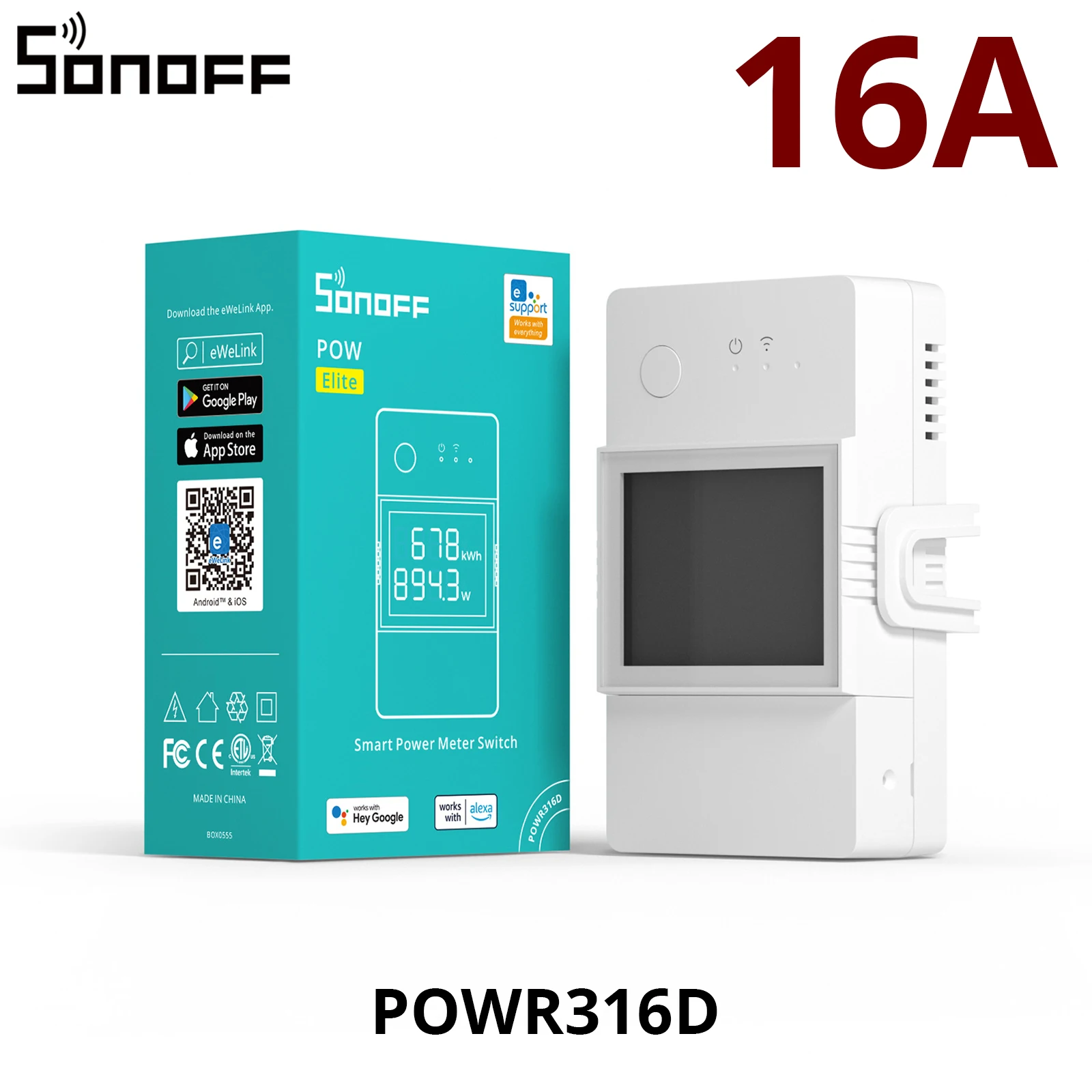 SONOFF POW Elite 16A/20A slimme stroommeter schakelaar met LCD-display, ESP32-chip, snelle koppeling in 14 seconden, afstandsbediening via eWeLink en Google Home