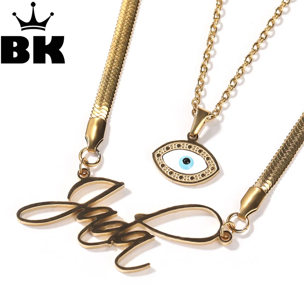 

THE BLINGKING Custom Name Necklace Evil Eye Set 18K Gold Plated Stainless Steel Blue Devil Hand Charm Halloween Jewelry 2pcs/set