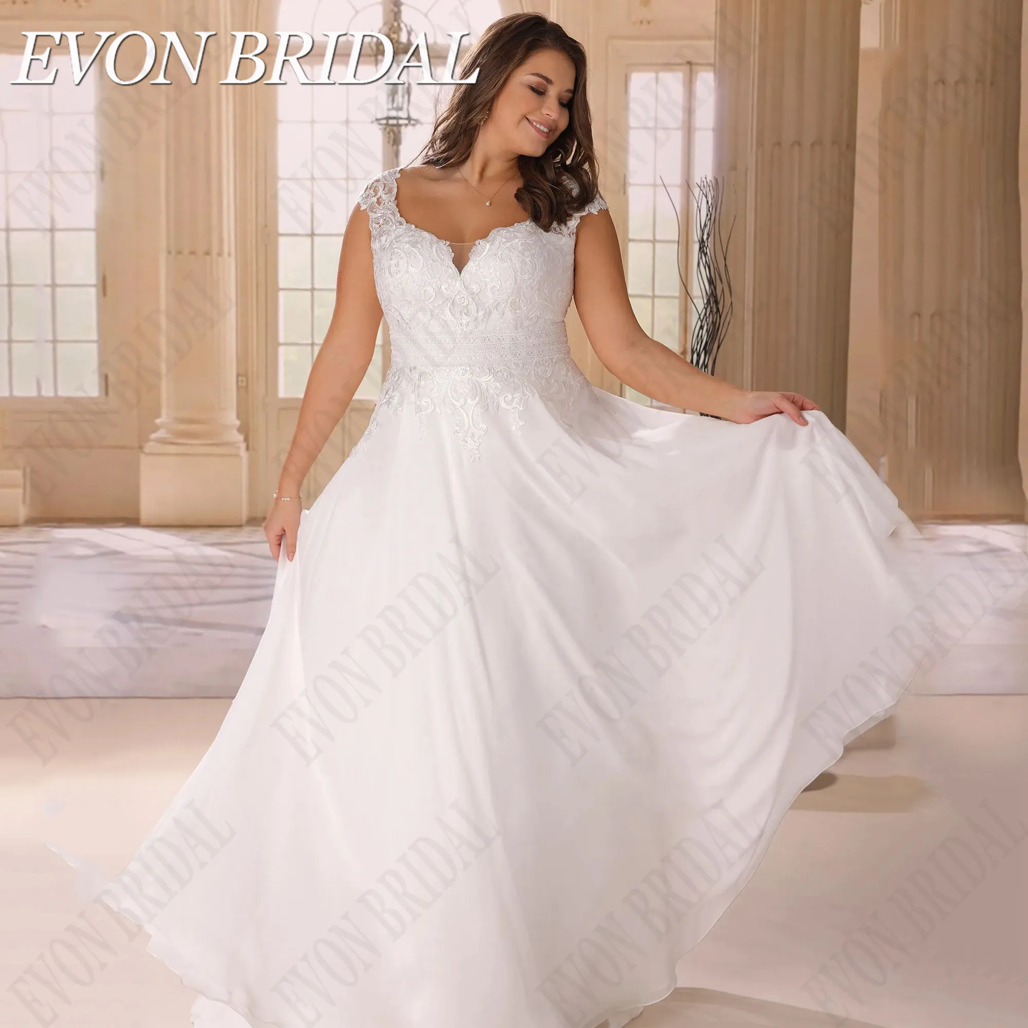 

EVON BRIDAL Civil Oversize Wedding Dresse Cap Sleeves Chiffon Bride Gowns vestidos de novia de talla grande Applique A-Line