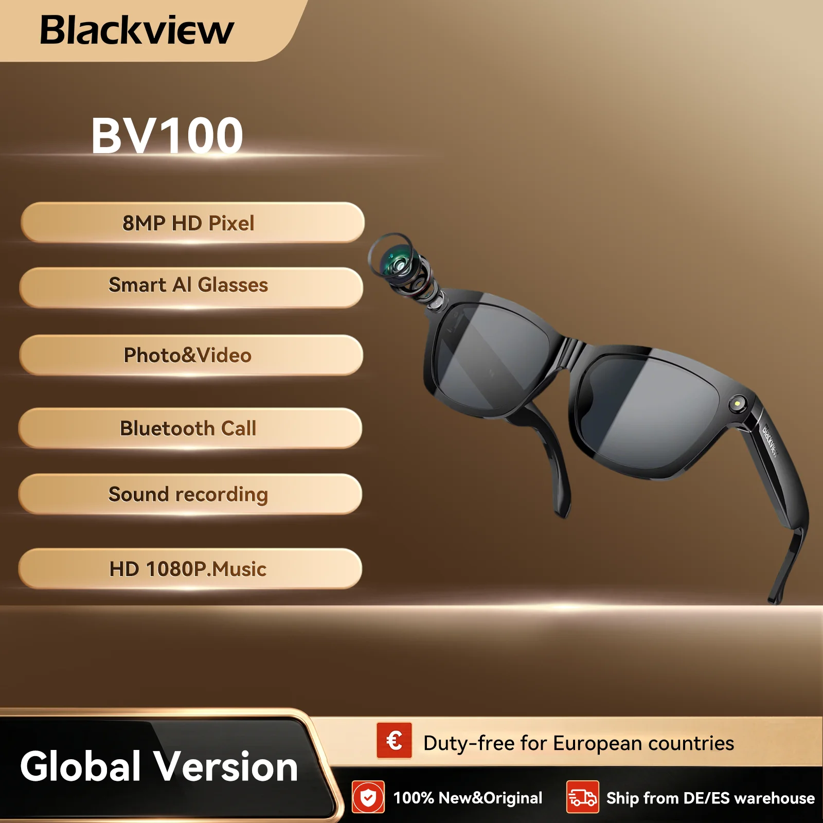 Gafas Inteligentes Blackview BV100, Cámara HD, Bluetooth 5.4, Batería de 220 mAh, Altavoces Estéreo con Bajos, Micrófono con Cancelación de Ruido, Detección de Uso
