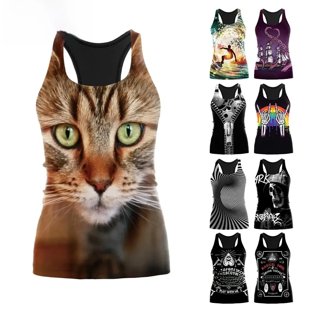 Letnie damskie topy do jogi z nadrukiem 3D Kamizelka sportowa z wycięciem Koszulki bez rękawów Dziewczyna Siłownia Fitness Tank Top Slim Running Kobieta — zdjęcie 2