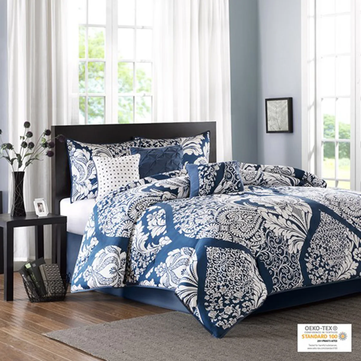 

7 Piece Cotton Printed Comforter Set Indigo King (Indigo + Polyester + King)