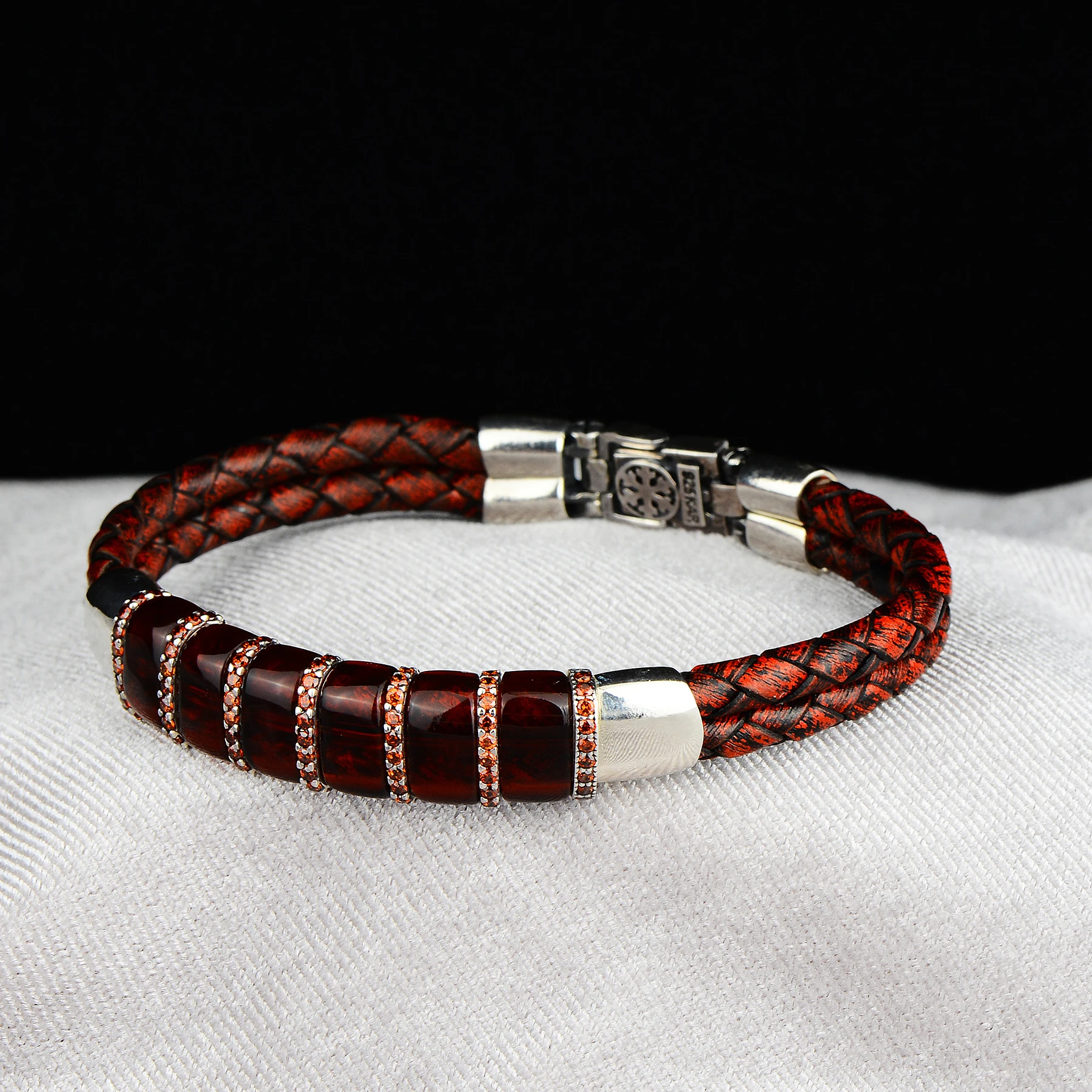 Men Leather Bracelet , Silver Natural Ruby Stone Bracelet , Unique Anniversary Gift For Men Vintage Bracelet