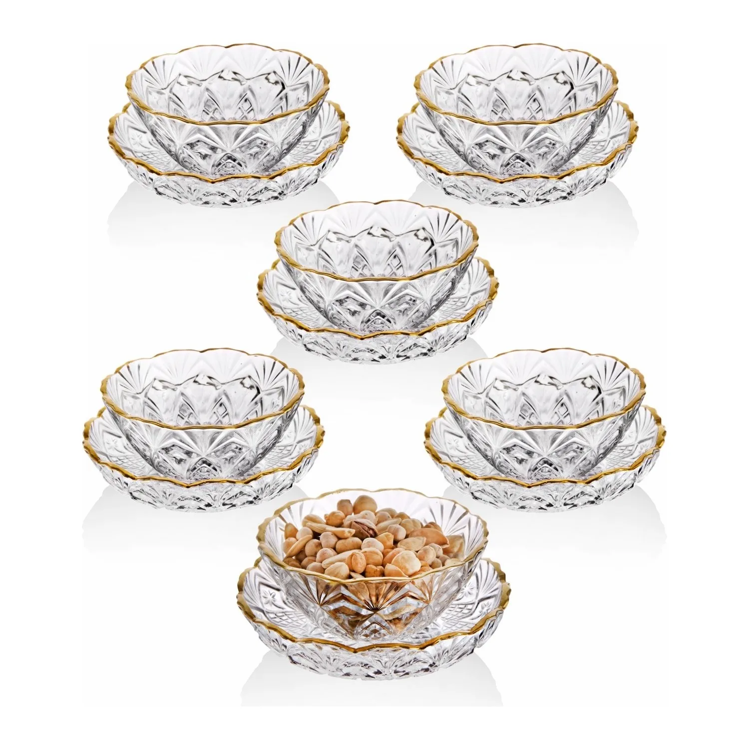 Hand Decorated Gold Gilded 6 Person 12 Piece Crystal Snack Bowl, Sugar Bowl, Jam Bowl, Glass Bowl Very Stylish And Very High Qua