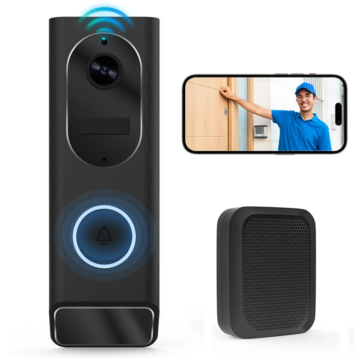 S7 Smart Video Doorbell Camera, 2.4GHz WiFi, AI Human Detection, Night Vision, Wide Angle Lens, Two-Way Audio, Cloud Storage, Indoor Chime Included