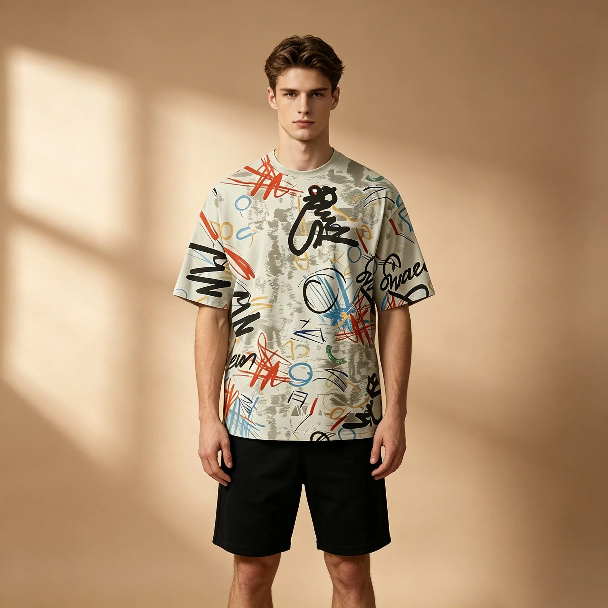Vintage Distressed Graffiti T-Shirt mit Allover-Print für Herren, Oversize Abstrakte Kunst Streetwear Hip-Hop Alltags-Oberteil