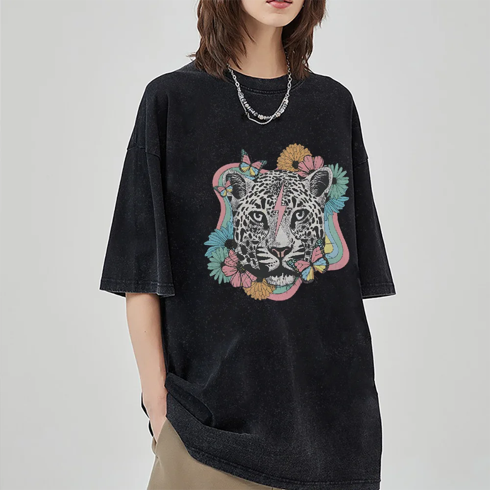 

Tiger Flower Colorful Gentle 2025 Hot Women Graphic Tshirt Vintage Casual Streetwear Y2k Style Cotton Tee Fashion Loose Fit Top