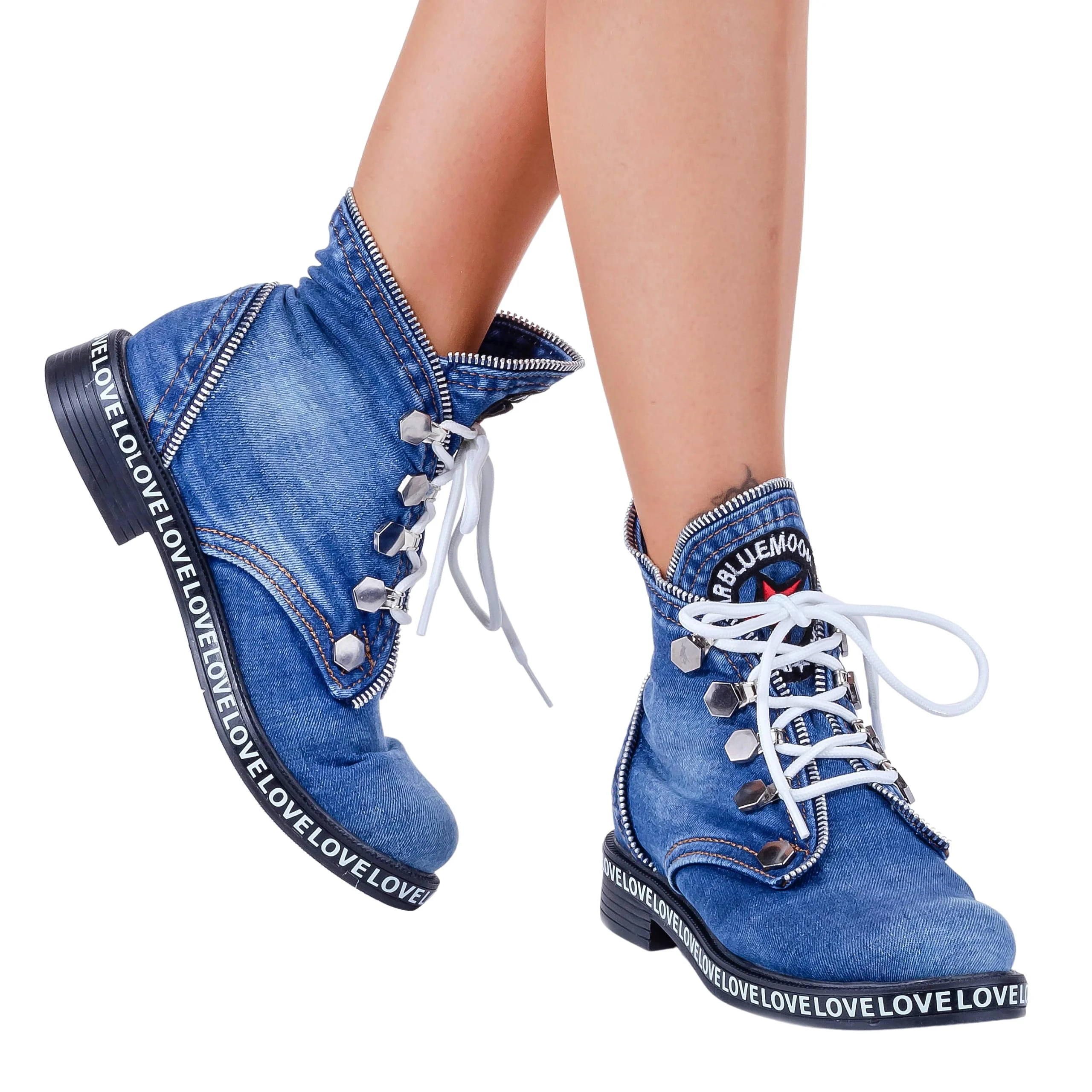 Jeans Shoes Handmade Blue Denim Boot Lace-Up Stone Women's Sneakers Birthday gift for your love