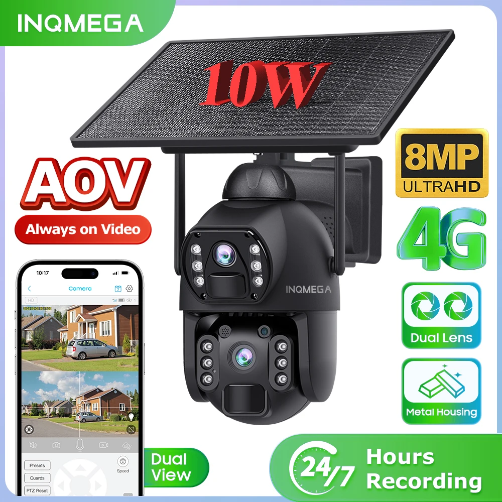 INQMEGA 4K Outdoor Surveillance Camera Human Animal Detection Solar Powered Camera with Night Vision 4G / WIFI 24 Hours Monitor