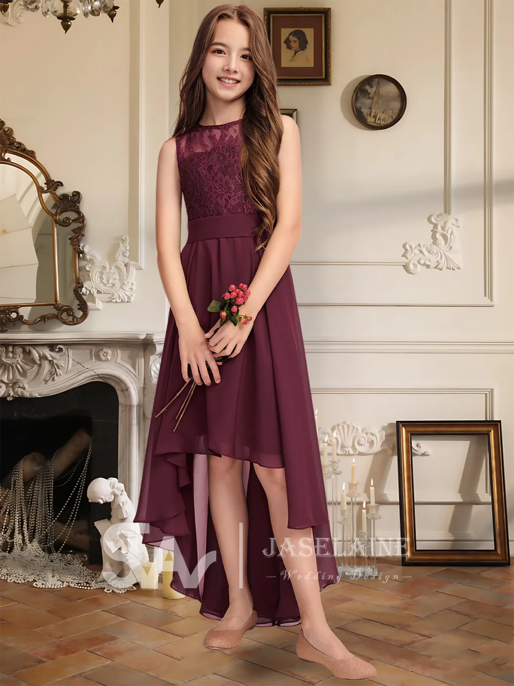 فستان وصيفة العروس من B Kids على شكل حرف a غير متماثل من الشيفون والدانتيل فستان فتاة الزهور للفتيات لحفلات الزفاف الرسمية الخاصة