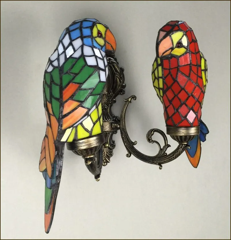 Retro Vintage Colorful Glass Wall Lamp American Tiffany Home Deco Parrot Aluminum Wall Sconce Light Fixture E14 Bulb