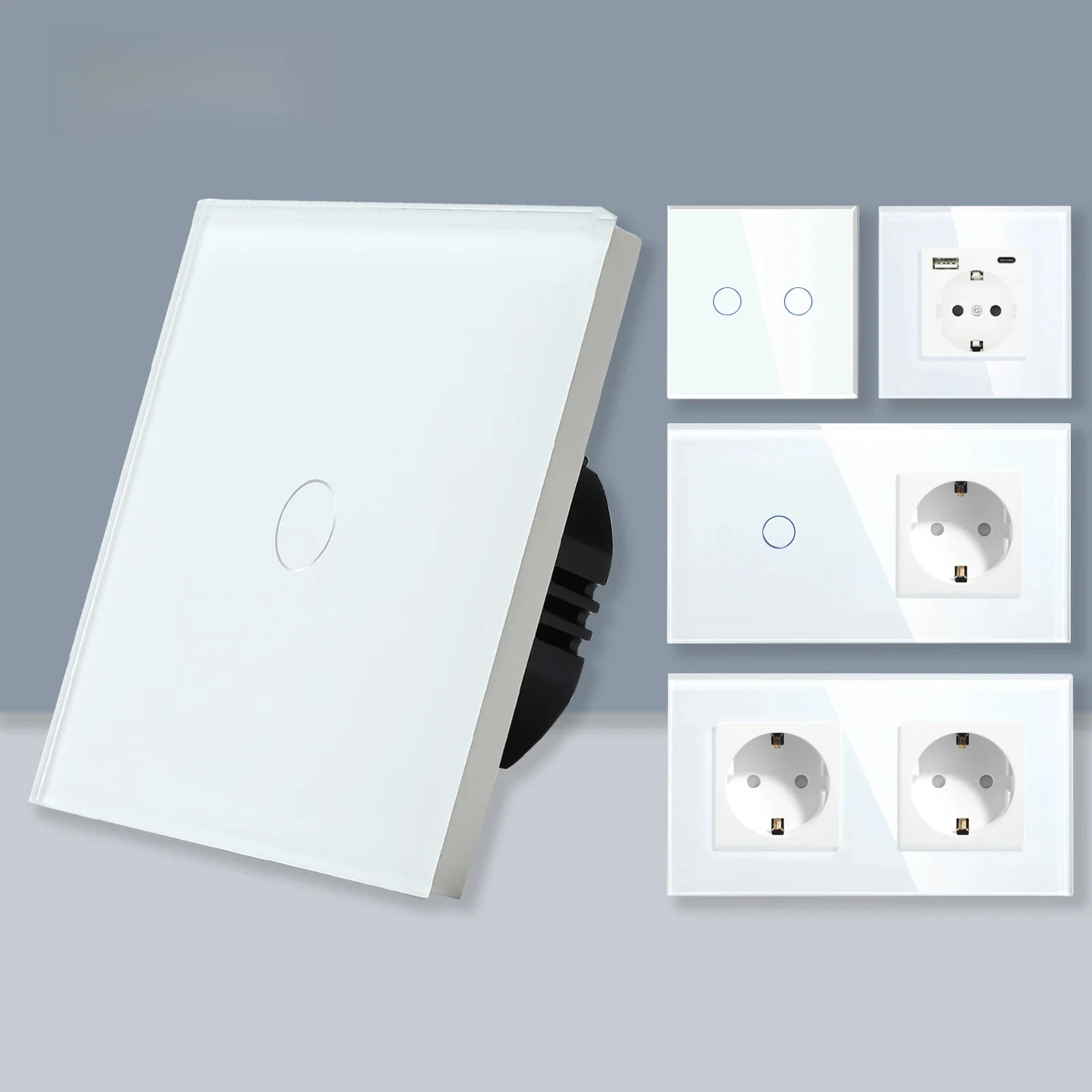 BSEED 1/2/3Gang Touch Lichtschakelaar 1Way Eenvoudige Sensor Schakelaar Type-c USB Sockets EU Standaard Glazen Paneel Blauwe Achtergrondverlichting 10A Wit - afbeelding 2