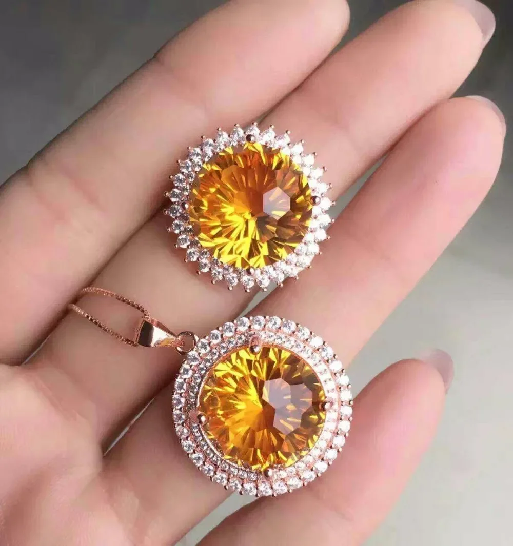 

Jewelry 925 sterling silver inlaid with natural yellow crystal gemstones, women's pendant ring, 2-piece set, party, birthday,
