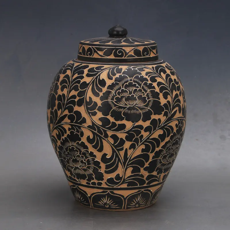 Antique Style Black Glaze Floral Covered Jar Cizhou Ware Home Decor Collectible
