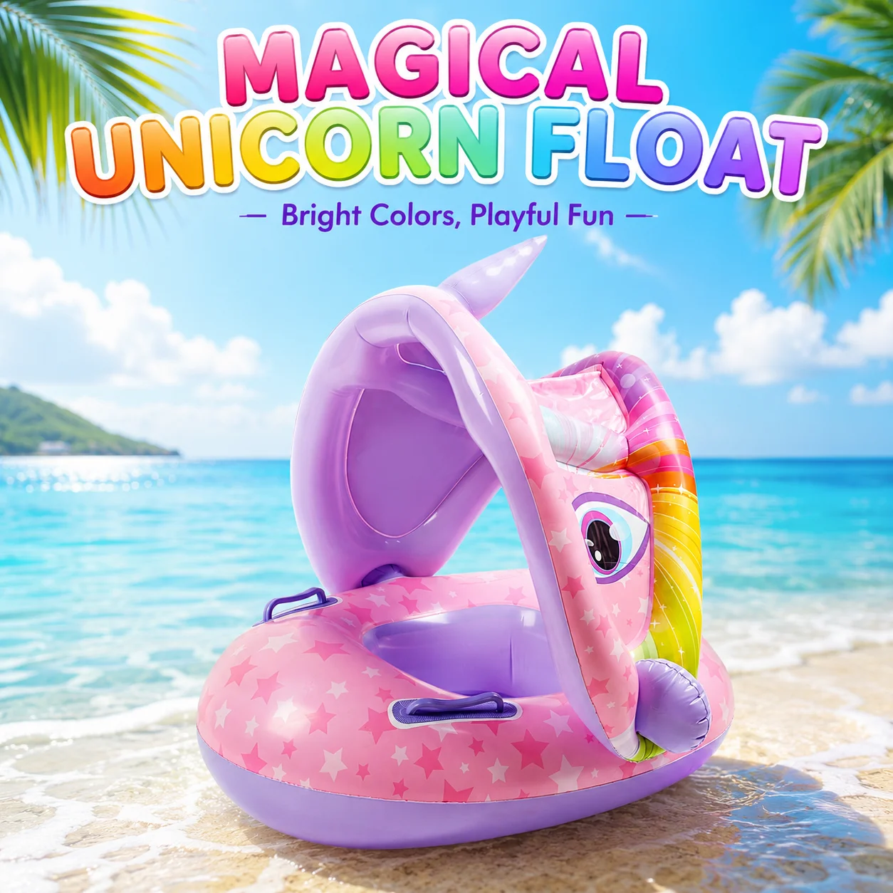 1PC Float with Canopy, Inflatable Toddler Pool Float with Seat & Handle & Steering Wheel, Portable for Girls, Boys