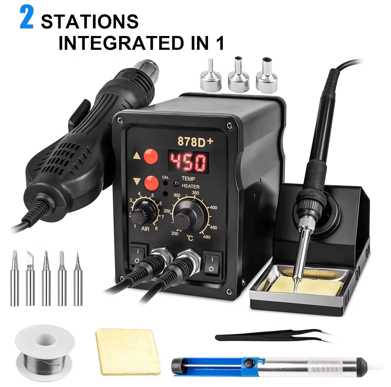 Image of 2-in-1 878D Lötstation 700W Heißluftpistole LCD Dual-Digitalanzeige Elektrischer Lötkolben SMD-Schweiß-Rework-Station