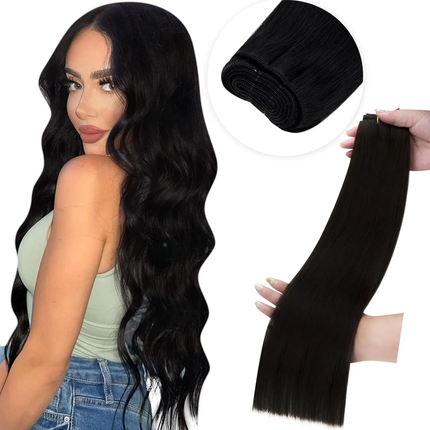 LaaVoo Natural Sew in Hair Weft 100% Real Brazilian Hair Straight 100% Human Weavings Double Weft Bundles Remy Hair Extensions