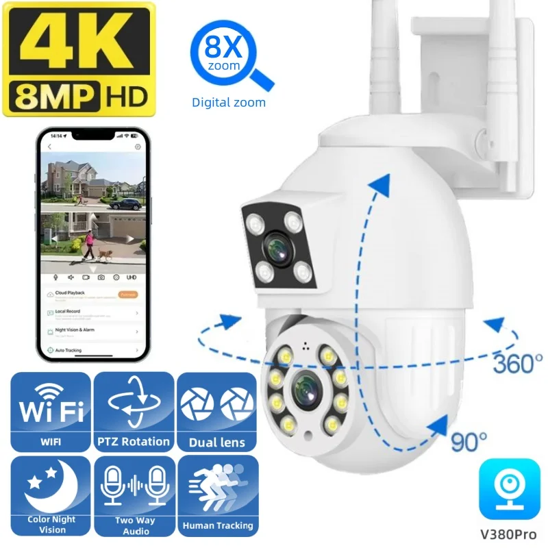 

8MP 4K PTZ Wifi IP Camera Dual Lens Security Protection 8 Digital Zoom Ai Human Monitor Outdoor HD CCTV Video Surveillance Cam