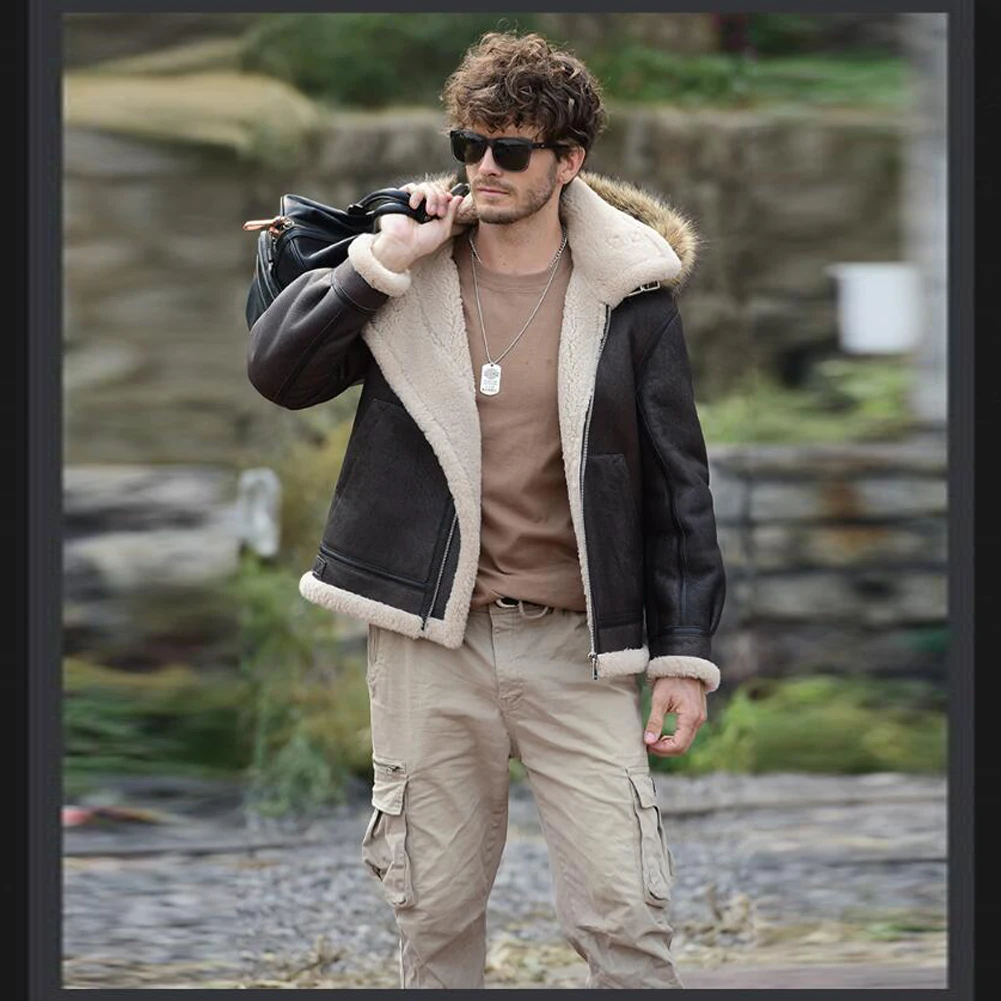 Jaket Shearling Pria Denny&Dora - Mantel Kulit Domba Berkerudung Coklat, Gaya Aviator Kulit Alami ​