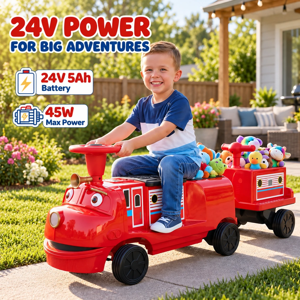 24V Licensed Chuggington Ride On Train with Trailer, 3 Seater Electric Kids Car with Music Bluetooth & Whistle, 264 lbs Capacity