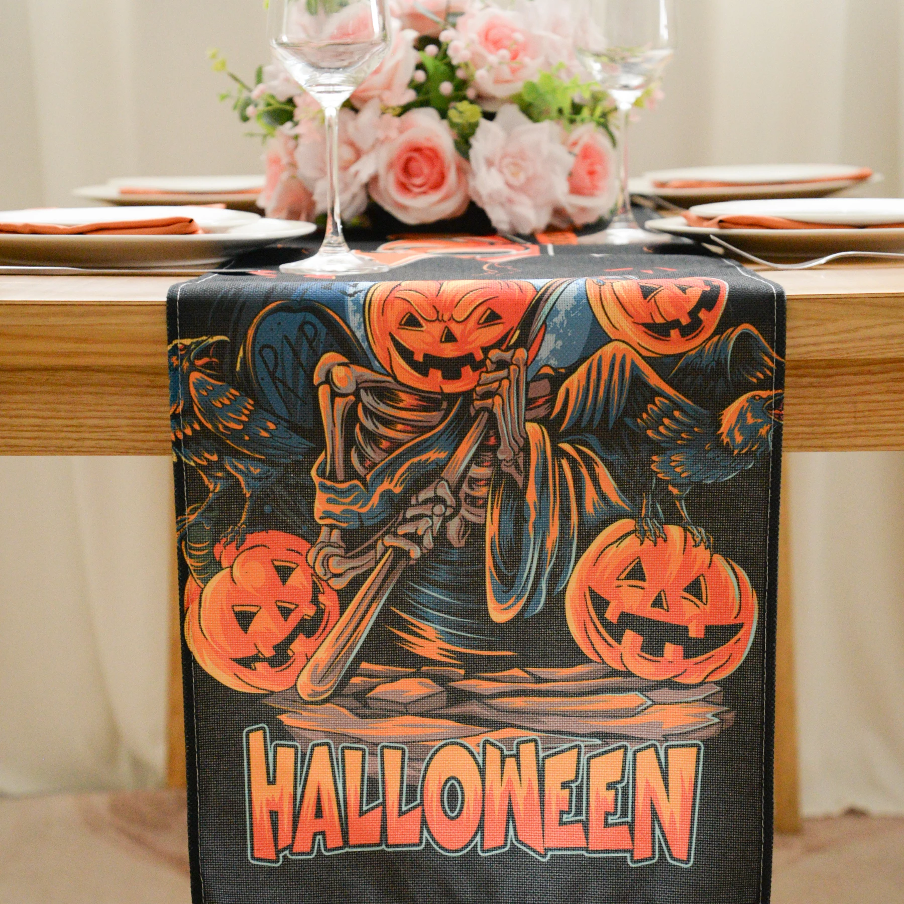 

Halloween Vintage Rectangle Table Runner,Reusable Polyester Tablecloths,Smooth Table Cover for Outdoor Dining Table,Black