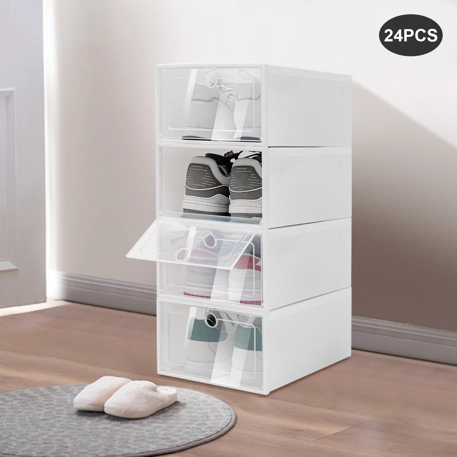 24Pcs PP Shoe Boxes Clear Shoe Boxes Stackable Shoe Storage Boxes with Lids Clear Plastic Stackable Shoe Organizers For Closet
