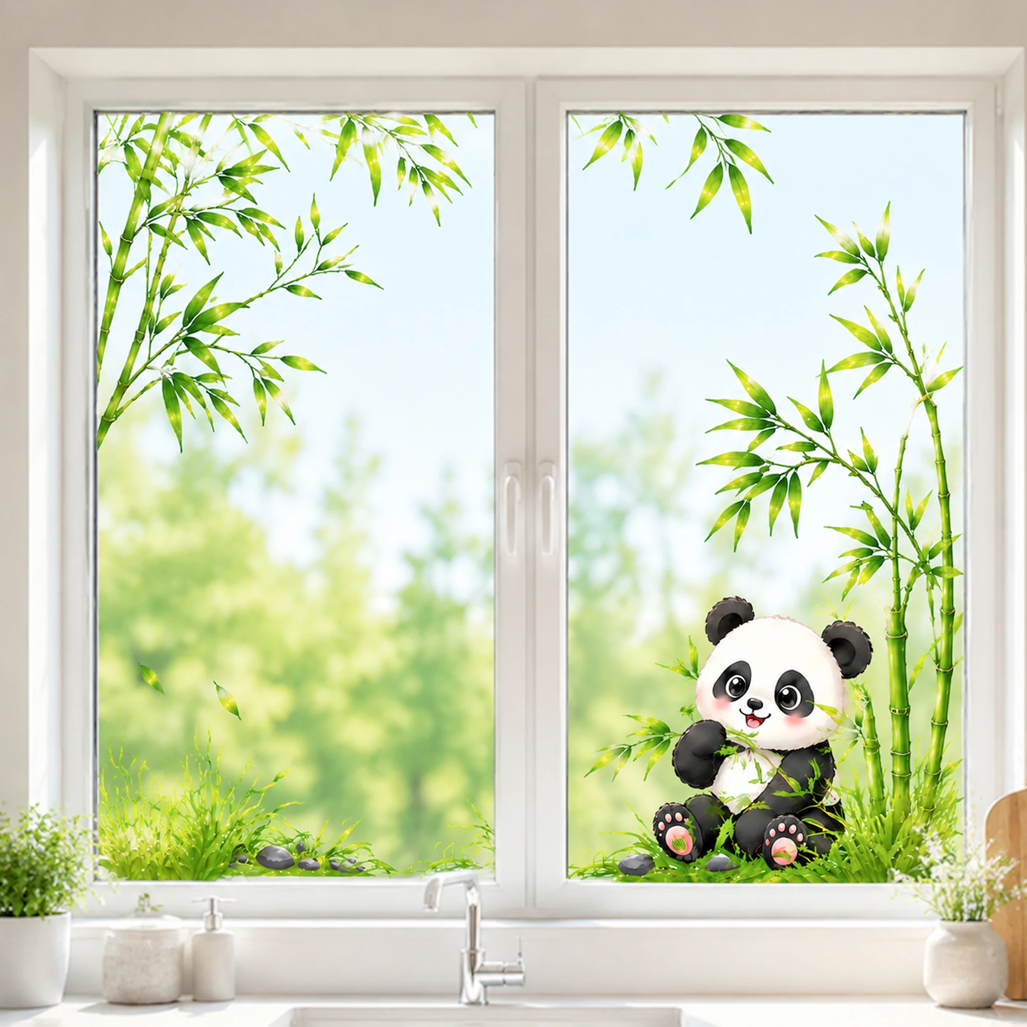 

Cute Panda with Bamboo Bathroom Mirror Sticker, Green Leaf Wall Decal for Kids Room Toilet Glass Door Vanity Home Decoration