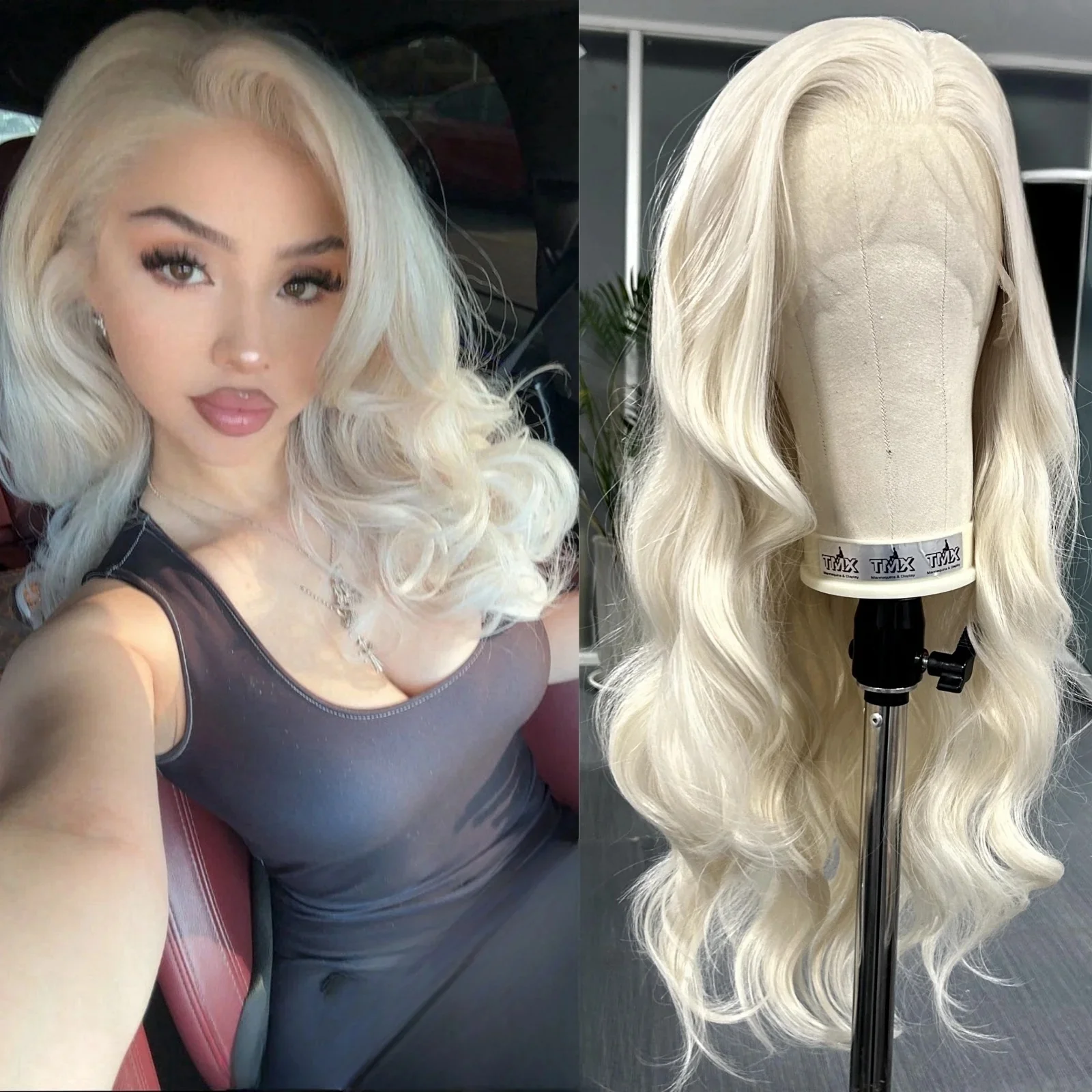 Platinblonde lange gewellte synthetische Perücke, freier Teil, lose Welle, natürliche lockige 13 x 4-Lace-Front-Perücken für Frauen, tägliche Party, Cosplay