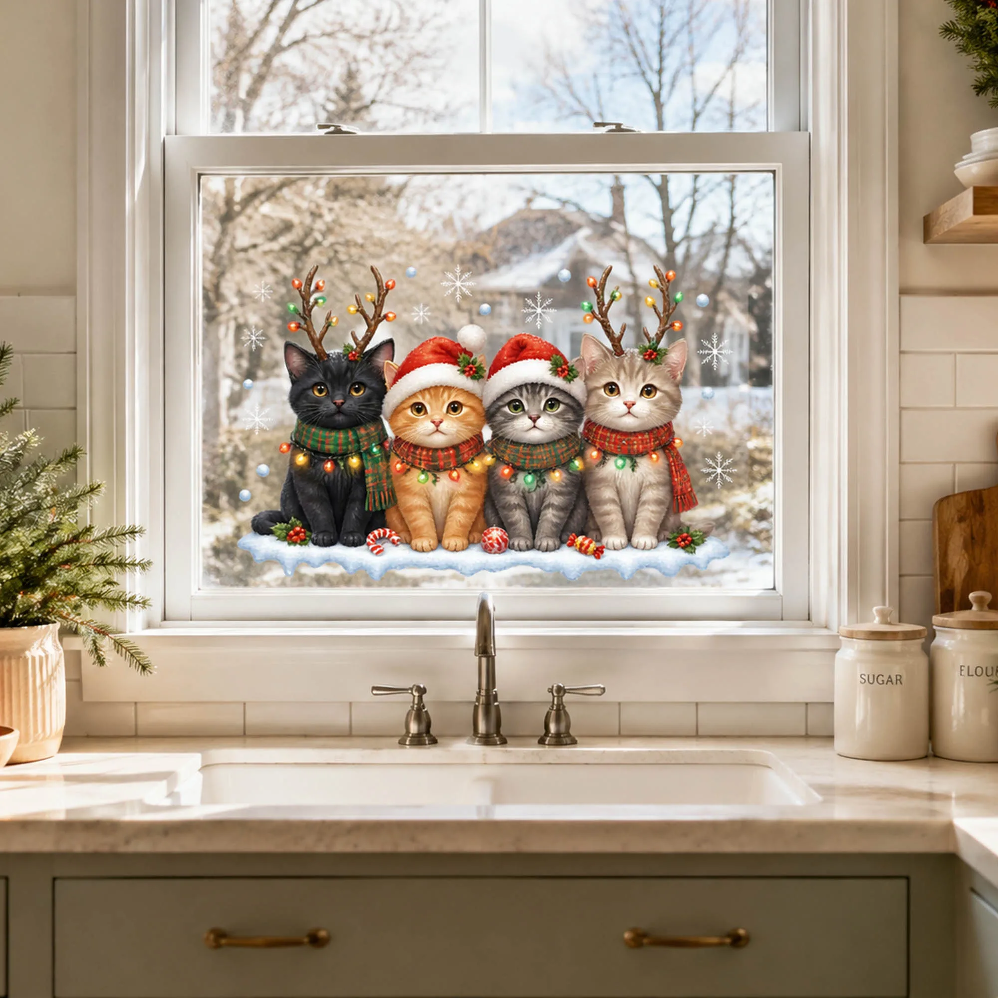 Christmas Cat Window Clings Reindeer Antlers Santa Hats Snowflake Static Cling Glass Sticker Holiday Decor