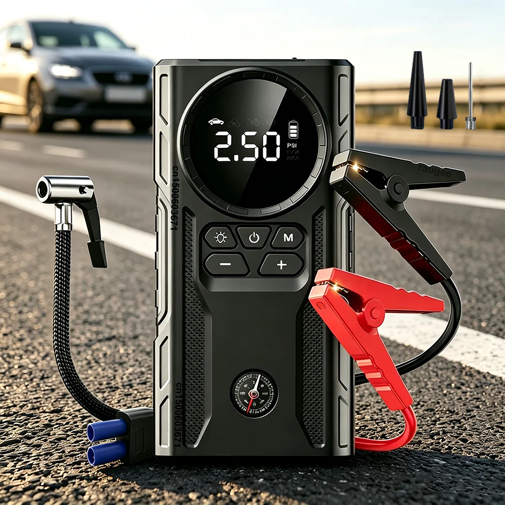 Avviatore di emergenza per auto 4-IN-1 con compressore d'aria 3200A, booster per batteria auto, pompa d'aria 150PSI, power bank portatile, gonfiatore per pneumatici, avviatore di emergenza per auto