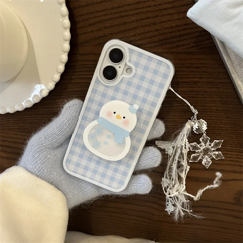 Korean fashion plaid Snowman Rocker stand phone case for iPhone 13, 14 Pro 15 Pro 16 Pro Max with holder cute Snowflake chain