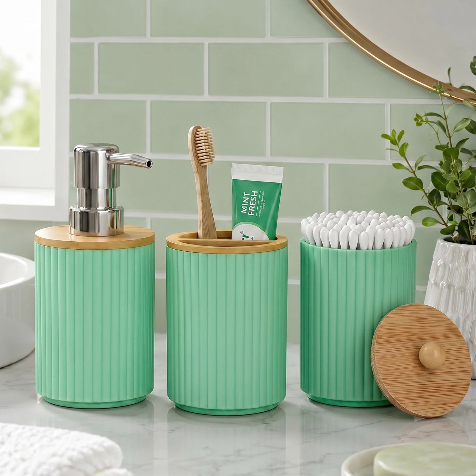 Zara Home Bathroom Set - Badezimmer-Zubehör-Set Modern Farmhouse Geripptes Badezimmer-Dekor-Set mit