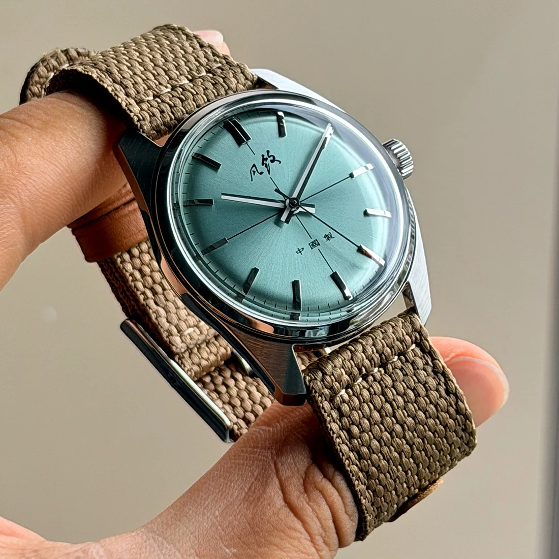 38mm NEW MERKUR Crosshair Casual Dress Watch Manual Mechanical Watch Blue Watch Leather Vintage Chinese Style