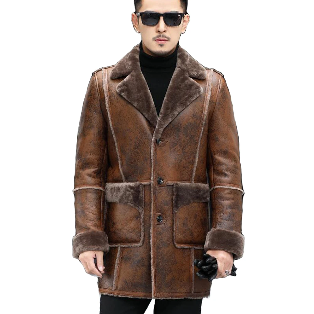 Denny&Dora Camouflage Brown Sheepskin Shearling Leather Coats Long Sheepskin Coat For Men Natural Shearling Leather Coat