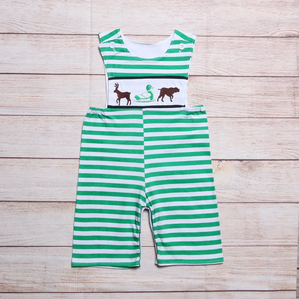 

New Born 0-3T Jumpsuit Baby Boy Clothes Hunting Embroidery Bubble Infant Romper Sleeve Shorts Bodysuit Green Stripes Outfits