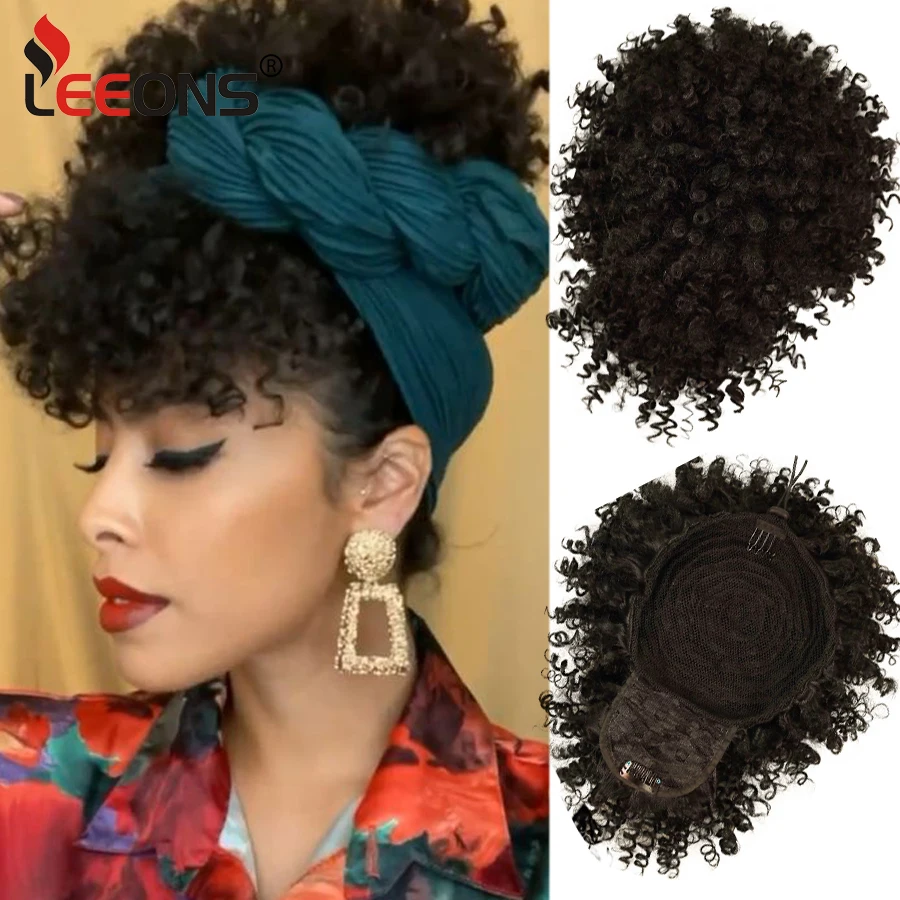 Updo Clip Hair Extension Afro Drawstring Ponytail With Bangs Synthetic Pineapple Updo Hair Kinky Curly Bang Heat Resistant Fiber